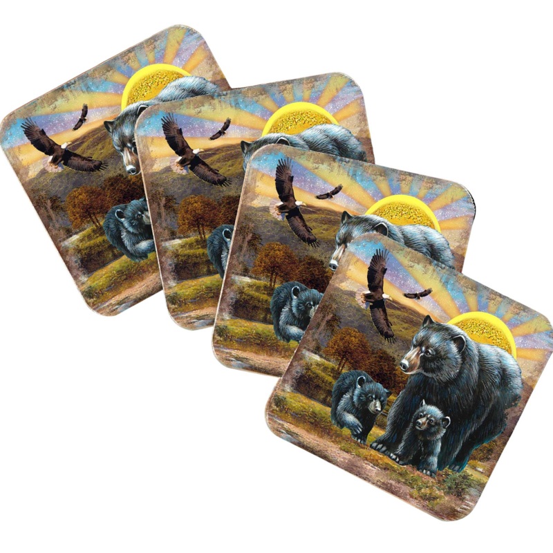 Bears Wooden Cork Coasters Gift Set of 4 by Nature Wonders – Nature Wildlife Decor  – 95214C-S4