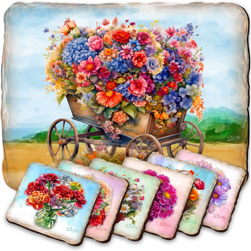 Bouquet of Flowers Wooden Cork Placemat and Coasters Gift Set of 7 by Nature Wonders – Nature Wildlife Decor  – 85444C-S7