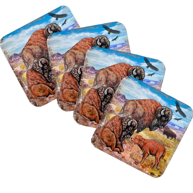 Buffalos Wooden Cork Coasters Gift Set of 4 by Nature Wonders – Nature Wildlife Decor  – 95217C-S4