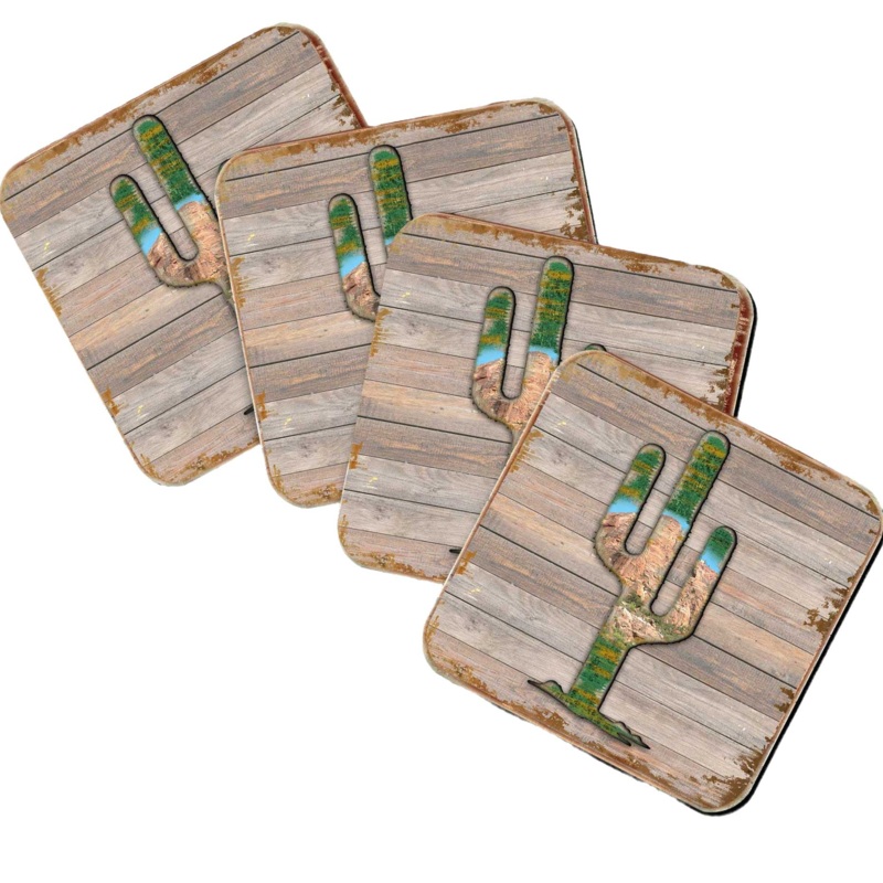Cactus Wooden Cork Coasters Gift Set of 4 by Nature Wonders – Nature Wildlife Decor  – 8199416C-S4