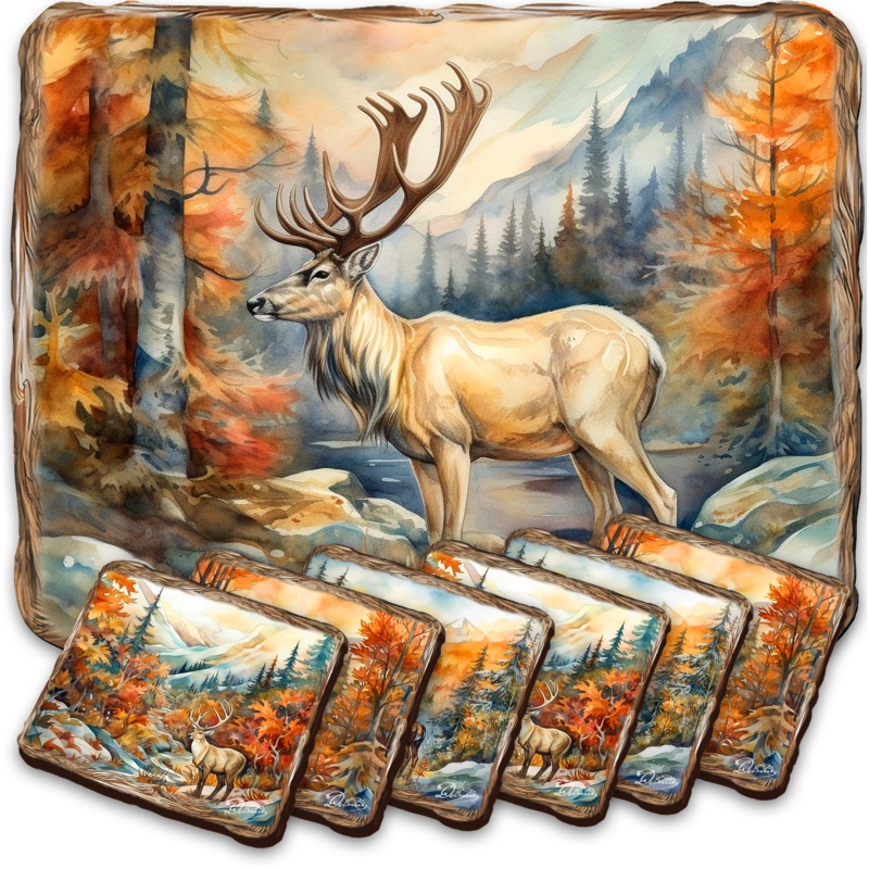 Caribou Wooden Cork Placemat and Coasters Gift Set of 7 by Nature Wonders Nature Wildlife Dcor  – 85408C-S7