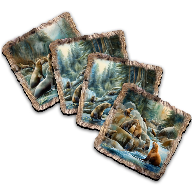 Charming Sea Lions Wooden Cork Coasters Gift Set of 4 by Nature Wonders Coastal Wildlife Decor  – 95387C-S4