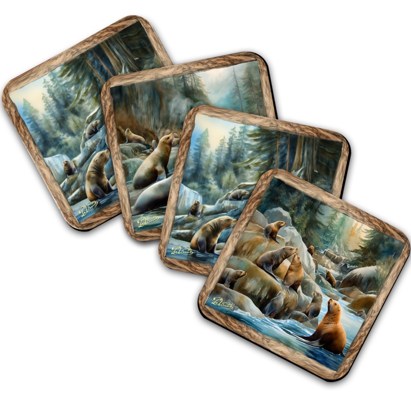 Coastal Sea Lions Wooden Cork Coasters Gift Set of 4 by Nature Wonders Nature Wildlife Decor  – 95386C-S4