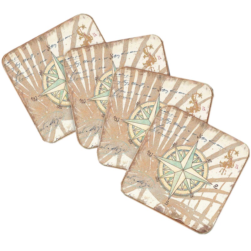 Compass Coastal Wooden Cork Coasters Gift Set of 4 by Nature Wonders – Coastal Sea-Life Decor – 8198620C-S4