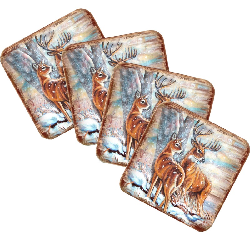 Deer’s Wooden Cork Coasters Gift Set of 4 by Nature Wonders – Nature Wildlife Decor  – 95212C-S4
