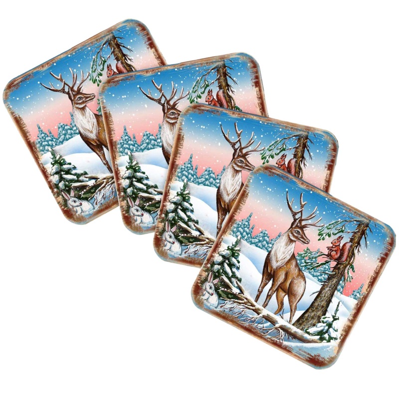 Deer Wooden Cork Coasters Gift Set of 4 by Nature Wonders – Nature Wildlife Decor  – 95379C-S4