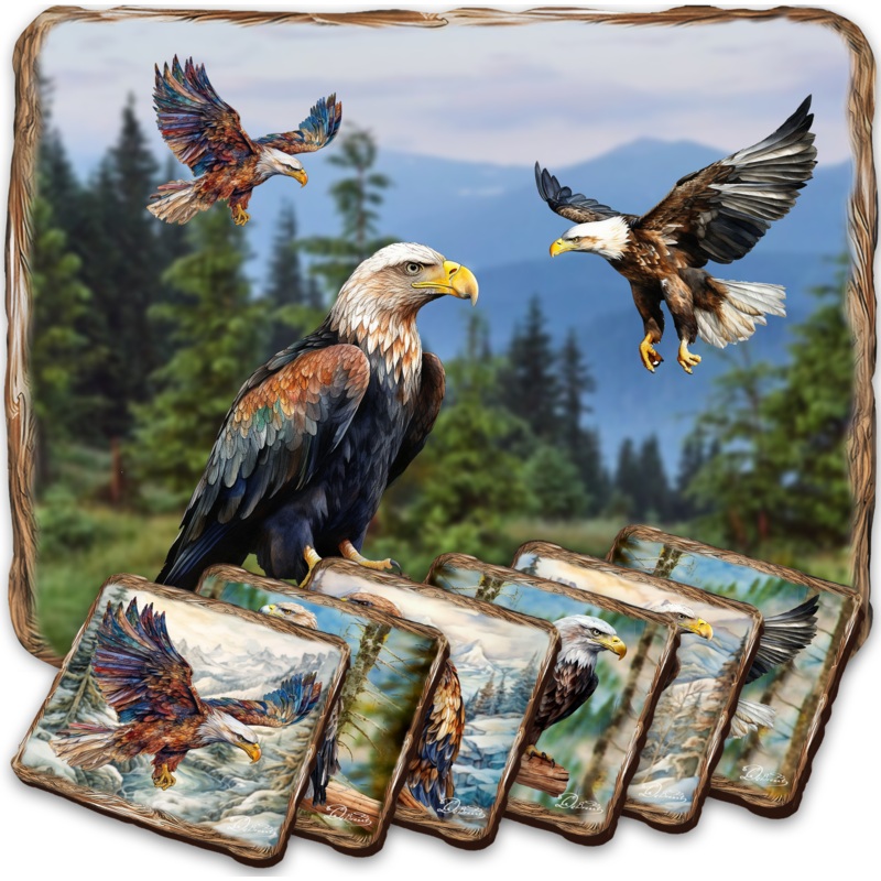 Eagles Wooden Cork Placemat and Coasters Gift Set of 7 by Nature Wonders Nature Wildlife Decor  – 85406C-S7