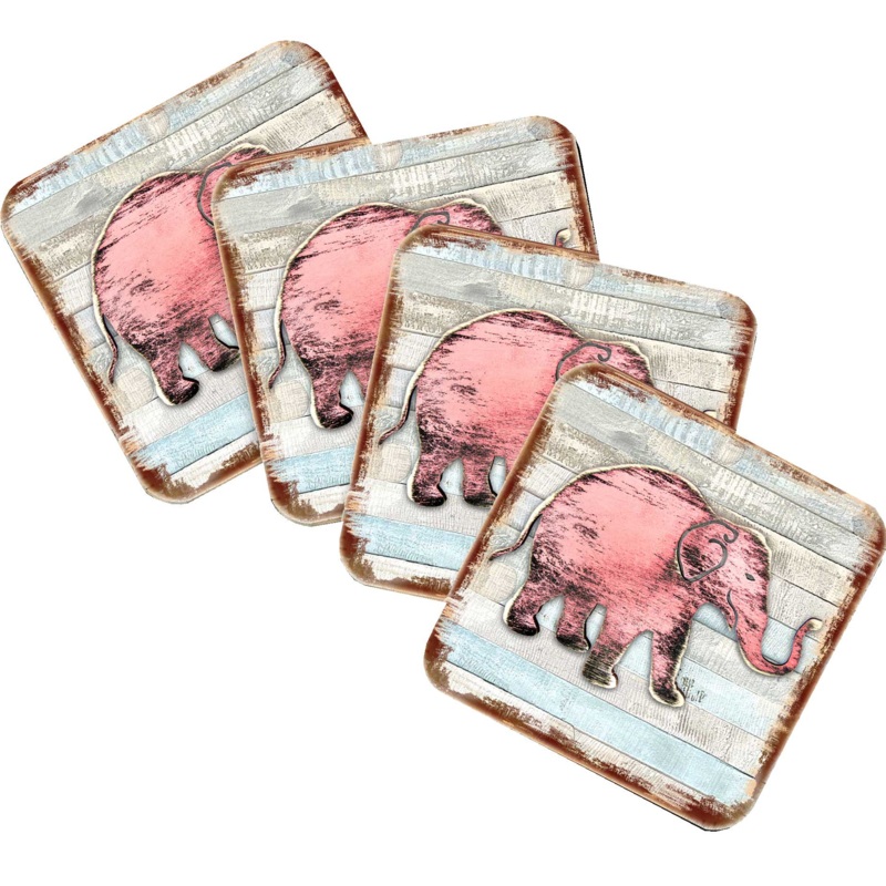 Elephant Wooden Cork Coasters Gift Set of 4 by Nature Wonders – Nature Wildlife Decor  – 8198229-9C-S4