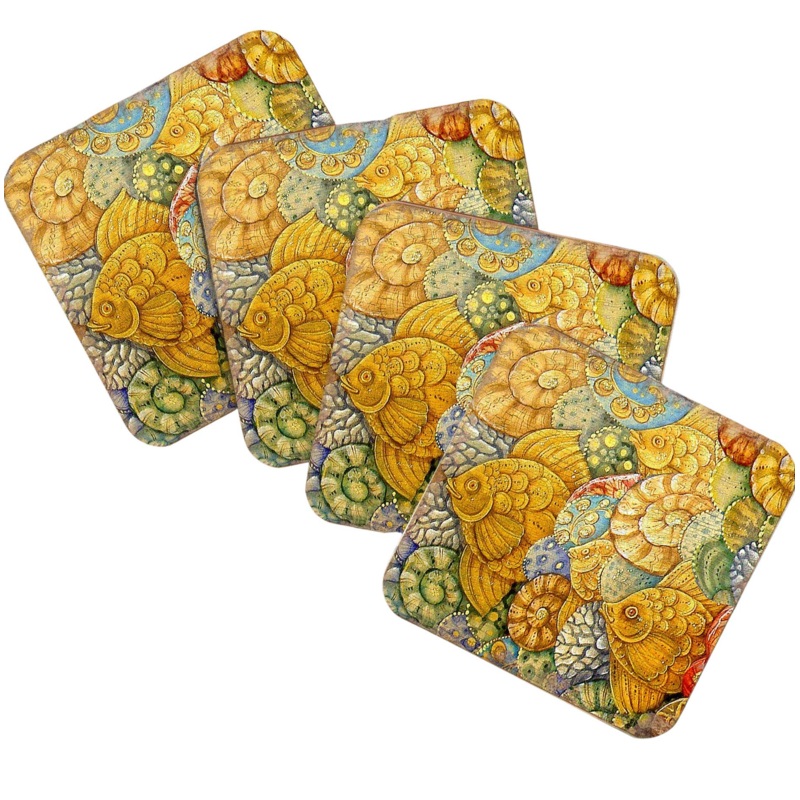 Fish Coastal Art Wooden Cork Coasters Gift Set of 4 by Nature Wonders – Nature Wildlife Decor  – 95018C-S4