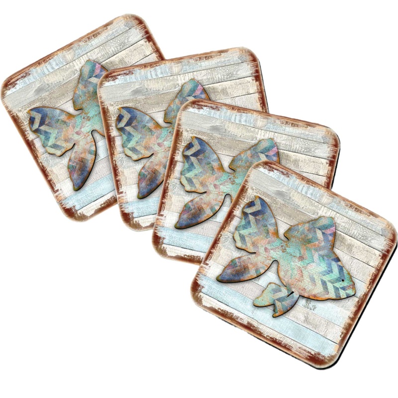 Fish Coastal Wooden Cork Coasters Gift Set of 4 by Nature Wonders – Coastal Sea-Life Decor – 8198534-9C-S4