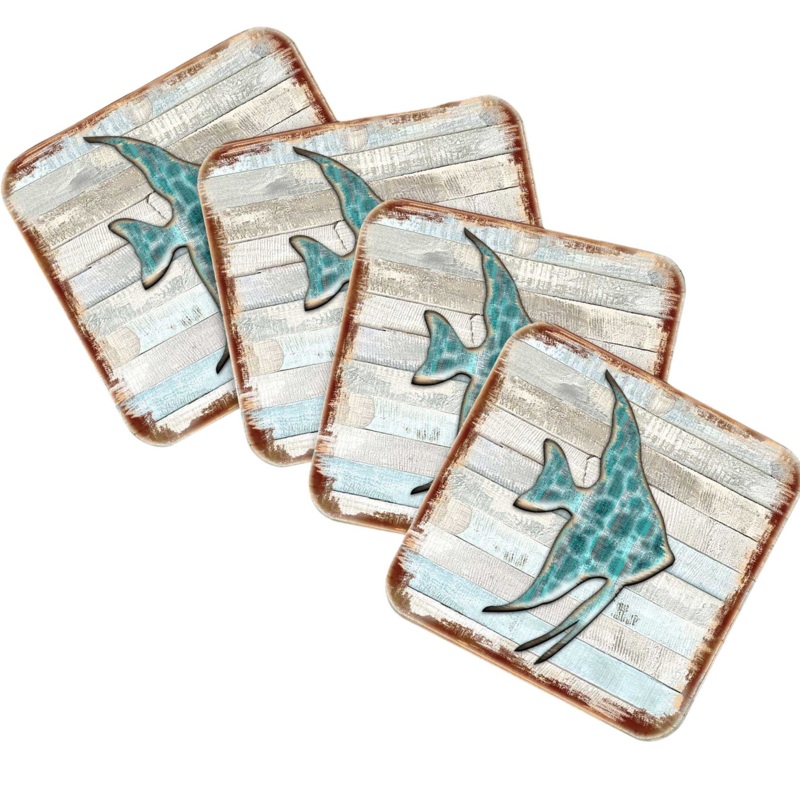 Fish Coastal Wooden Cork Coasters Gift Set of 4 by Nature Wonders – Coastal Sea-Life Decor – 8198537-9C-S4