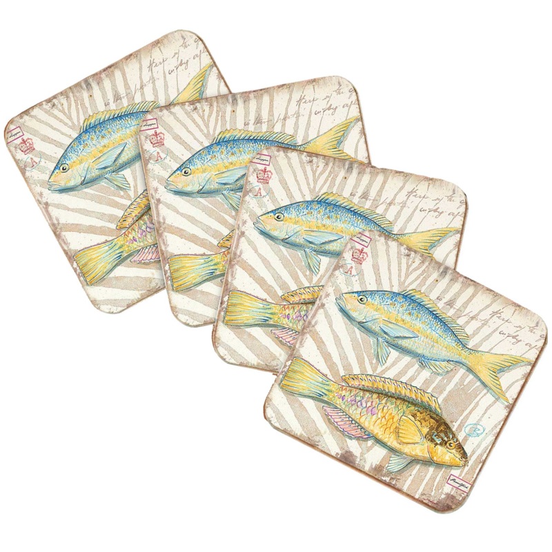 Fish Coastal Wooden Cork Coasters Gift Set of 4 by Nature Wonders – Coastal Sea-Life Decor – 8198625C-S4