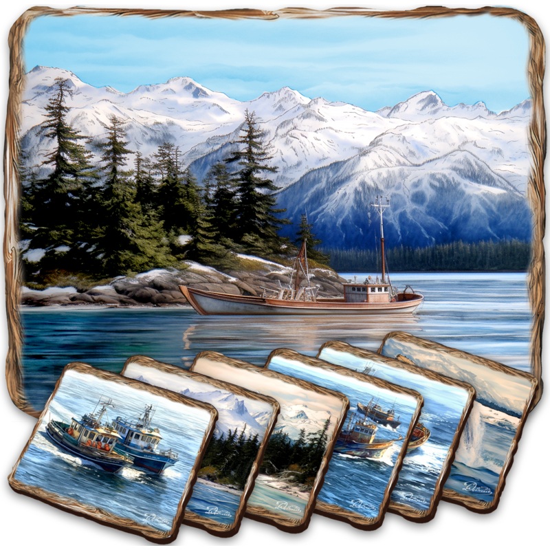 Fishing Boats Wooden Cork Placemat and Coasters Gift Set of 7 by Nature Wonders Coastal Wildlife Decor  – 85405C-S7