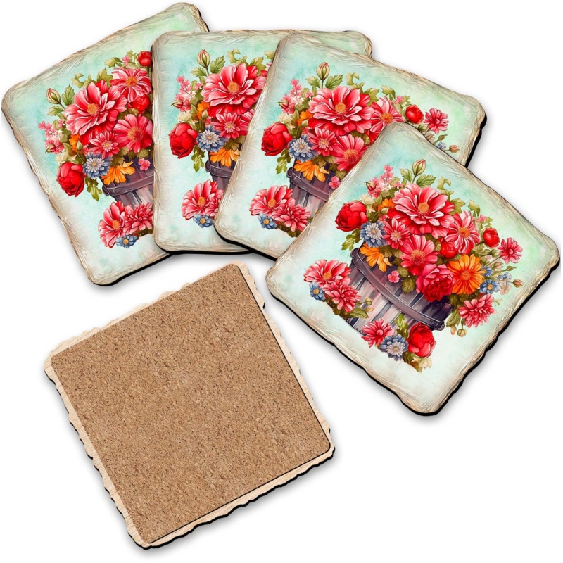 Flowers in the Basket Wooden Cork Coasters Gift Set of 4 by Nature Wonders – Nature Wildlife Decor – 95405C-S4