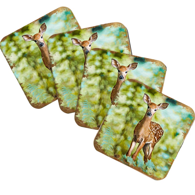 Forest Deer Wooden Cork Coasters Gift Set of 4 by Nature Wonders – Nature Wildlife Decor  – 95290C-S4