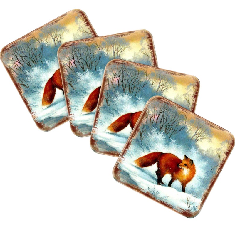 Fox Wooden Cork Coasters Gift Set of 4 by Nature Wonders – Nature Wildlife Decor  – 95376C-S4