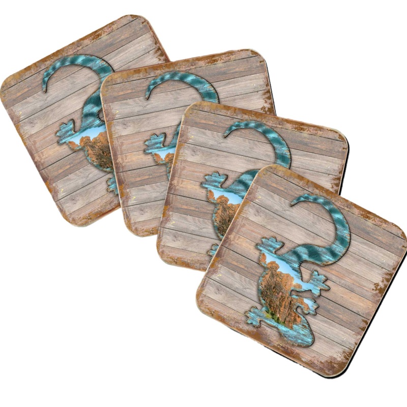 Gecko Wooden Cork Coasters Gift Set of 4 by Nature Wonders – Nature Wildlife Decor  – 8199434C-S4