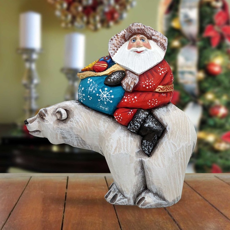Gifty Traveler Polar Bear Santa Hand-Painted WOODCARVED Figurine by G. DeBrekht – Wildlife Holiday Decor – 820013