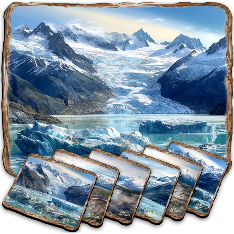 Glacier’s Majesty Wooden Cork Placemat and Coasters Gift Set of 7 by Nature Wonders Nature Wildlife Decor  – 85402C-S7