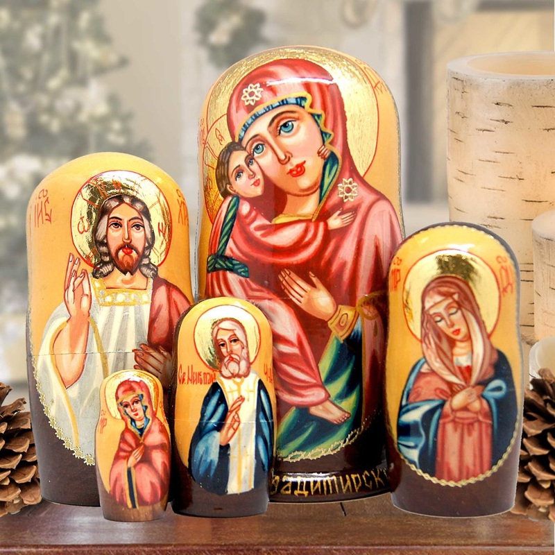Golden Icon Matreshka Stacking Hand-Painted Dolls Set of 5 by G. DeBrekht – Nativity Holiday Decor – 130121