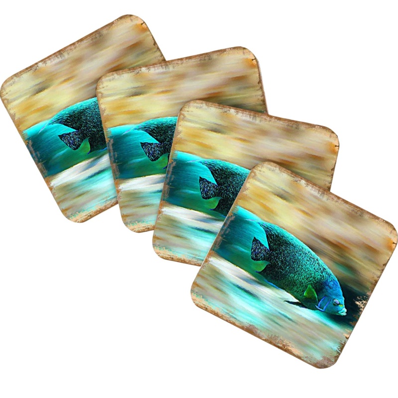 Green Tropical Fish Coastal Wood Coasters Set of 4 by Nature Wonders – 95264C-S4