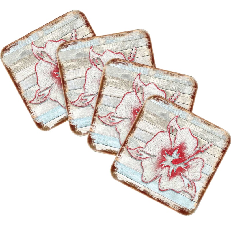 Hibiscus Flower Wooden Cork Coasters Gift Set of 4 by Nature Wonders – Nature Wildlife Decor  – 8198421-9C-S4