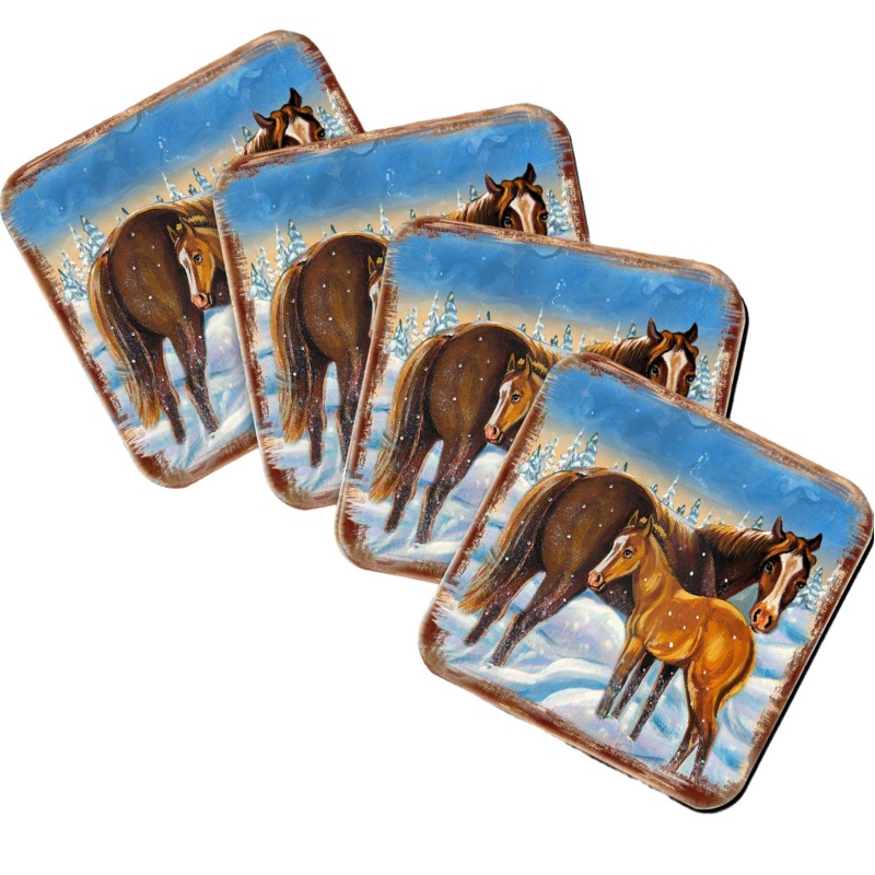 Horsey Wooden Cork Coasters Gift Set of 4 by Nature Wonders – Nature Wildlife Decor  – 95218C-S4