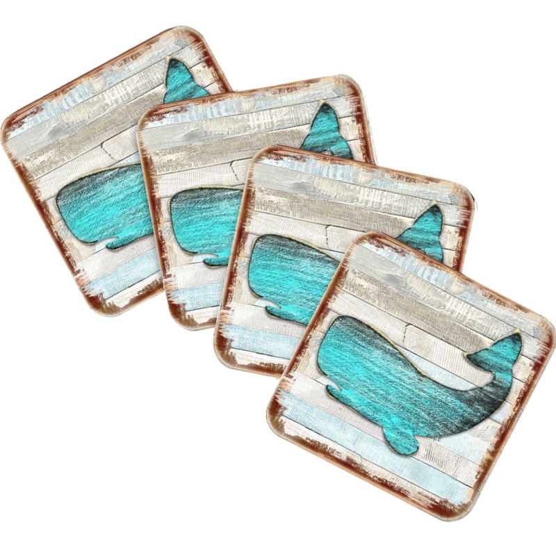 Humpback Whale Coastal Wooden Cork Coasters Gift Set of 4 by Nature Wonders – Coastal Sea-Life Decor – 8198516-2-9C-S4