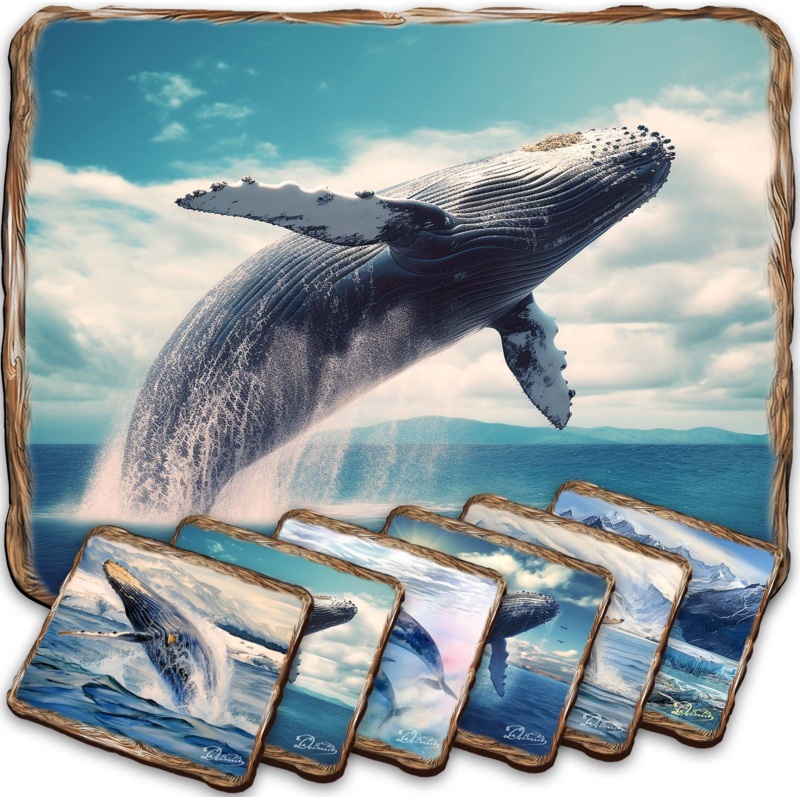 Humpback Whale Wooden Cork Placemat and Coasters Gift Set of 7 by Nature Wonders Coastal Nature Wildlife Decor  – 85403C-S7
