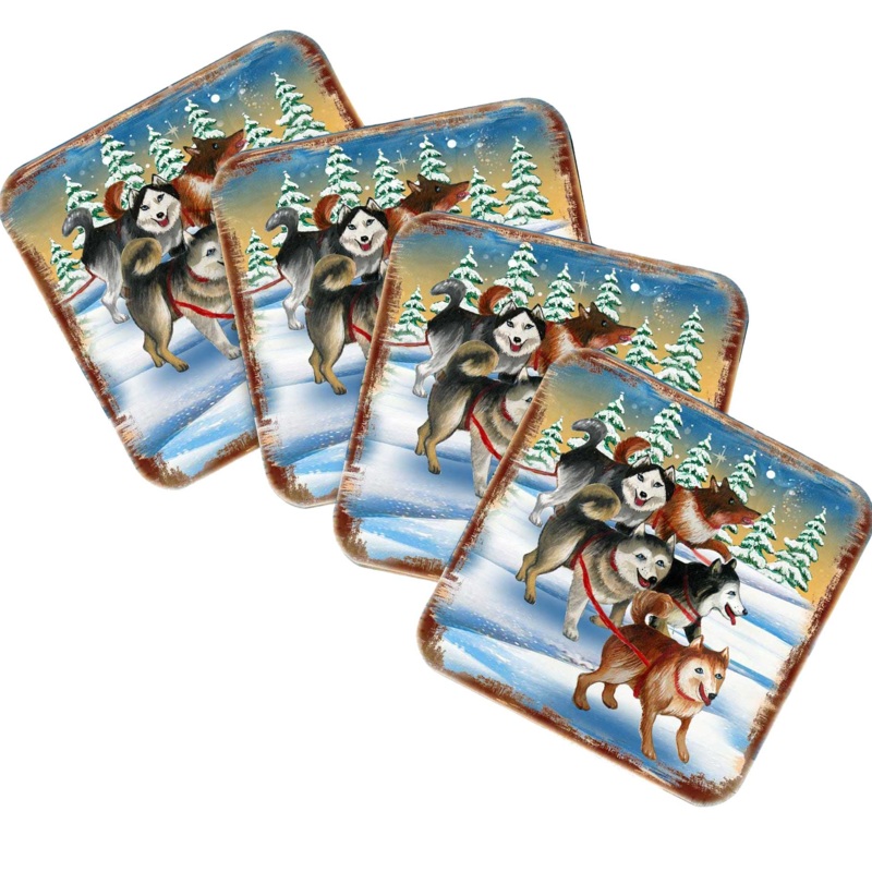 Huskies Wooden Cork Coasters Gift Set of 4 by Nature Wonders – Nature Wildlife Decor  – 95378C-S4