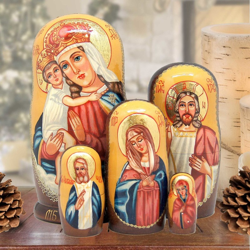Icon Golden Matreshka Stacking Hand-Painted Dolls Set of 5 by G. DeBrekht – Nativity Holiday Decor – 130122