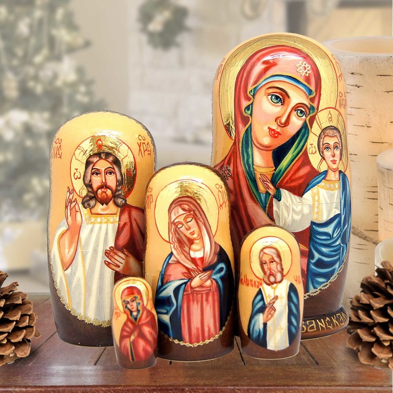 Icon Golden Stacking Matreshka Nesting Hand-Painted Dolls Set of 5 by G. DeBrekht – Nativity Holiday Decor – 130123