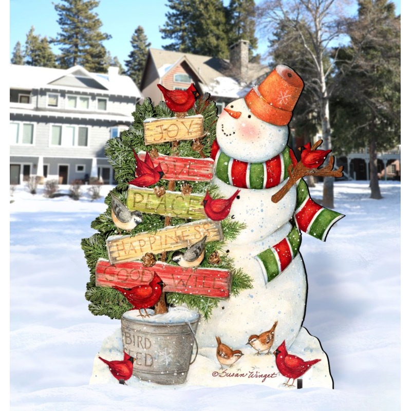 Joy Love and Peace Snowman Christmas Outdoor Scene by Susan Winget – Christmas Santa Snowman Decor – 8471108F-SW