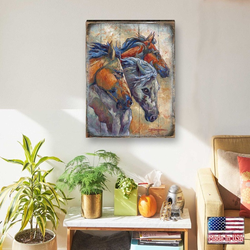 Let Them Run Horse Heads Wooden Wall Art by J. Bergsma – Nature Wildlife Decor  – 8592259B-JB