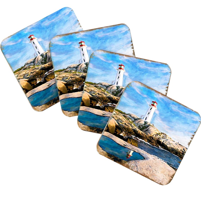Lighthouse Bay Coastal Wooden Cork Coasters Gift Set of 4 by Nature Wonders – Coastal Sea-Life Decor – 95268C-S4