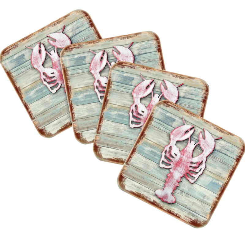 Lobster Coastal Wooden Cork Coasters Gift Set of 4 by Nature Wonders – Coastal Sea-Life Decor – 8198538-9C-S4