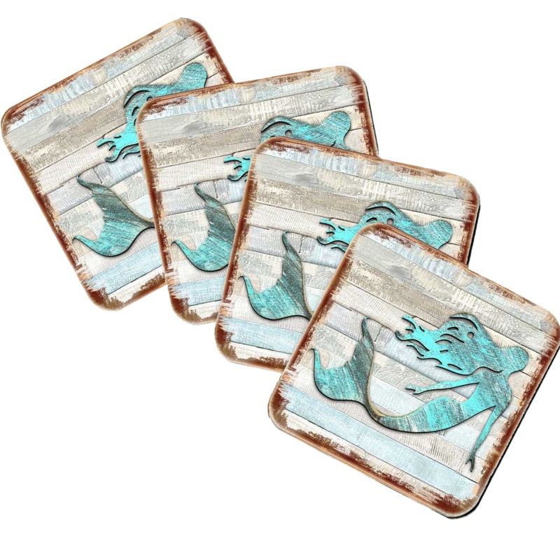 Mermaid Coastal Wooden Cork Coasters Gift Set of 4 by Nature Wonders – Coastal Sea-Life Decor – 8198514-9C-S4
