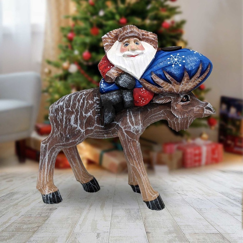 Moose Traveler Santa Hand-Painted WOODCARVED Masterpiece by G. DeBrekht – Wildlife Holiday Decor – 820014