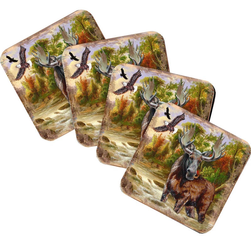 Moose Wooden Cork Coasters Gift Set of 4 by Nature Wonders – Nature Wildlife Decor  – 95216-2C-S4