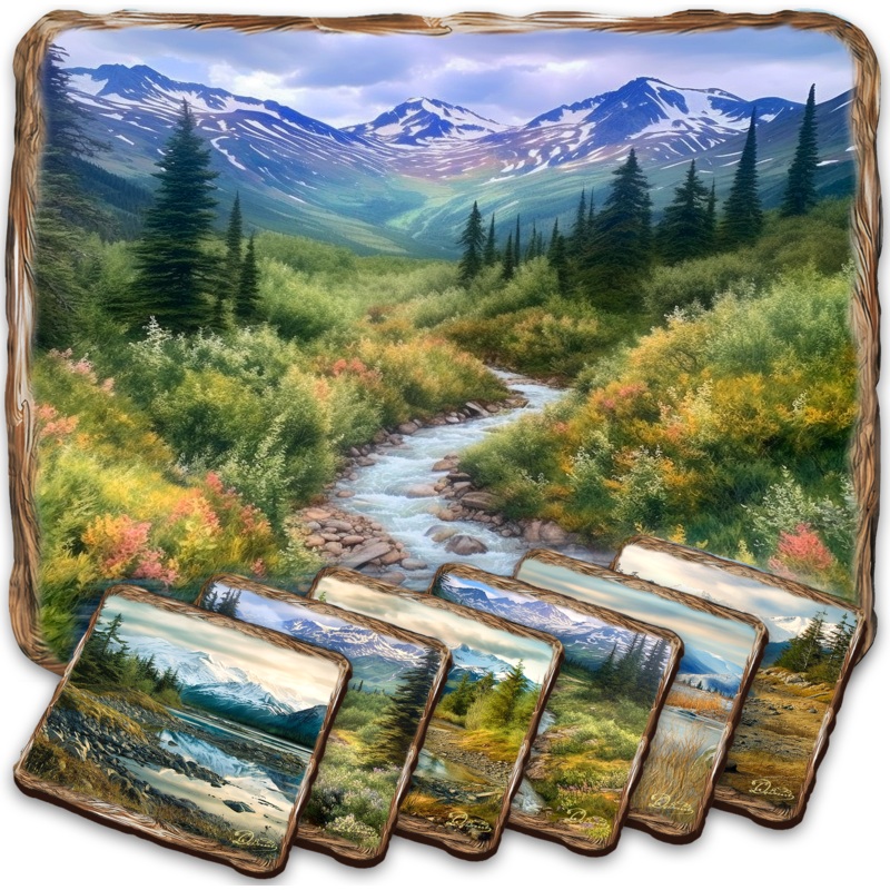 Mountain River Wooden Cork Placemat and Coasters Gift Set of 7 by Nature Wonders Nature Wildlife Decor  – 85407C-S7