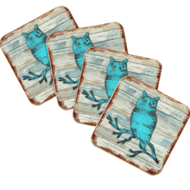 Owl Wooden Cork Coasters Gift Set of 4 by Nature Wonders – Nature Wildlife Decor  – 8198218-9C-S4
