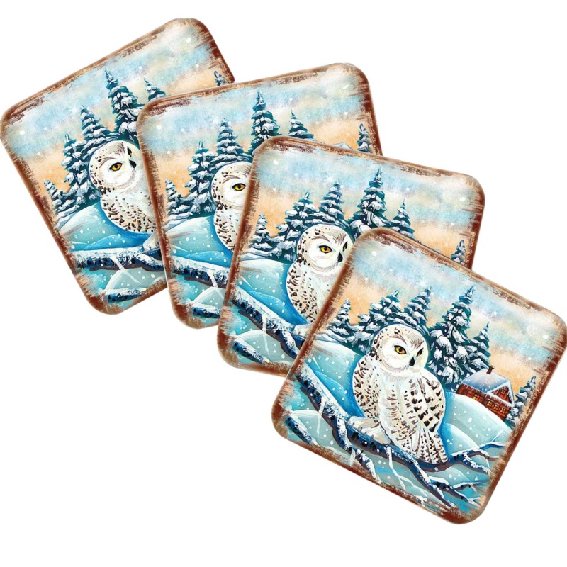 Owl Wooden Cork Coasters Gift Set of 4 by Nature Wonders – Nature Wildlife Decor  – 95213C-S4