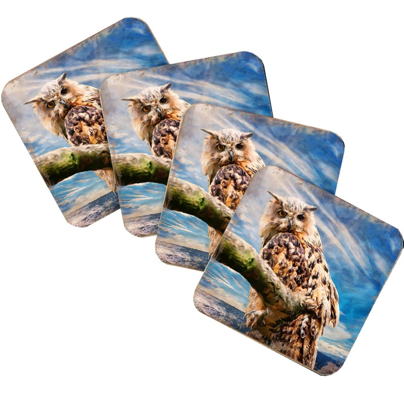 Owl Wooden Cork Coasters Gift Set of 4 by Nature Wonders – Nature Wildlife Decor  – 95371C-S4