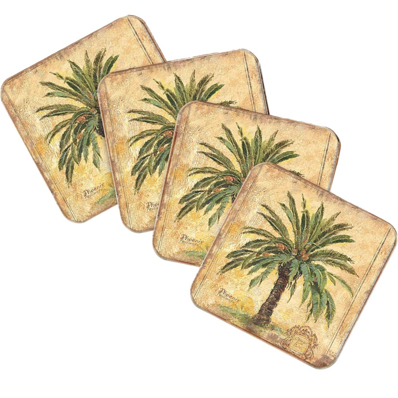 Palm Tree Coastal Wooden Cork Coasters Gift Set of 4 by Nature Wonders – Coastal Sea-Life Decor – 8198630C-S4