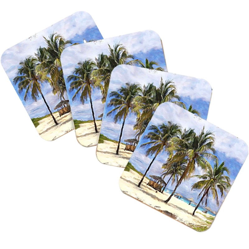 Palm Trees Beach Coastal Wooden Cork Coasters Gift Set of 4 by Nature Wonders – Coastal Sea-Life Decor – 95258C-S4