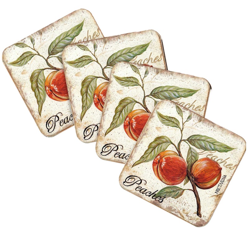 Peaches Wooden Cork Coasters Gift Set of 4 by Nature Wonders – Nature Wildlife Decor  – 8198632C-S4