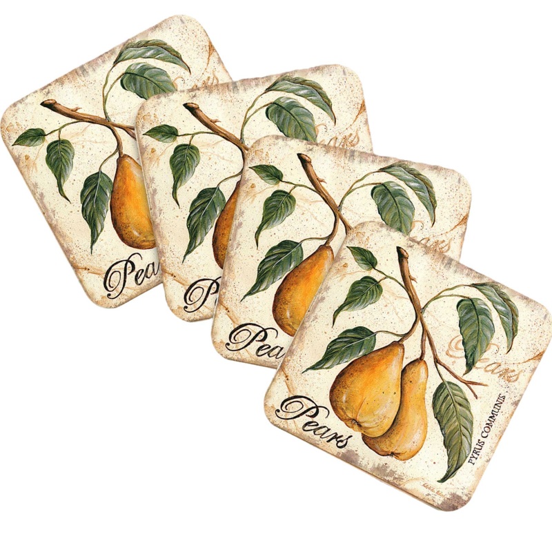 Pears Wooden Cork Coasters Gift Set of 4 by Nature Wonders – Nature Wildlife Decor  – 8198631C-S4