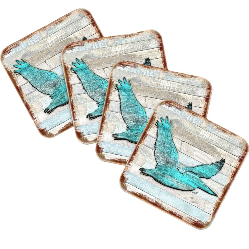 Pelican Coastal Wooden Cork Coasters Gift Set of 4 by Nature Wonders – Coastal Sea-Life Decor – 8198611-9C-S4