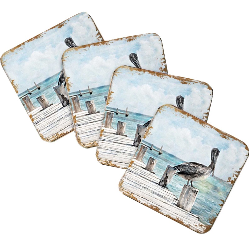 Pelican Coastal Wooden Cork Coasters Gift Set of 4 by Nature Wonders – Coastal Sea-Life Decor – 95252C-S4