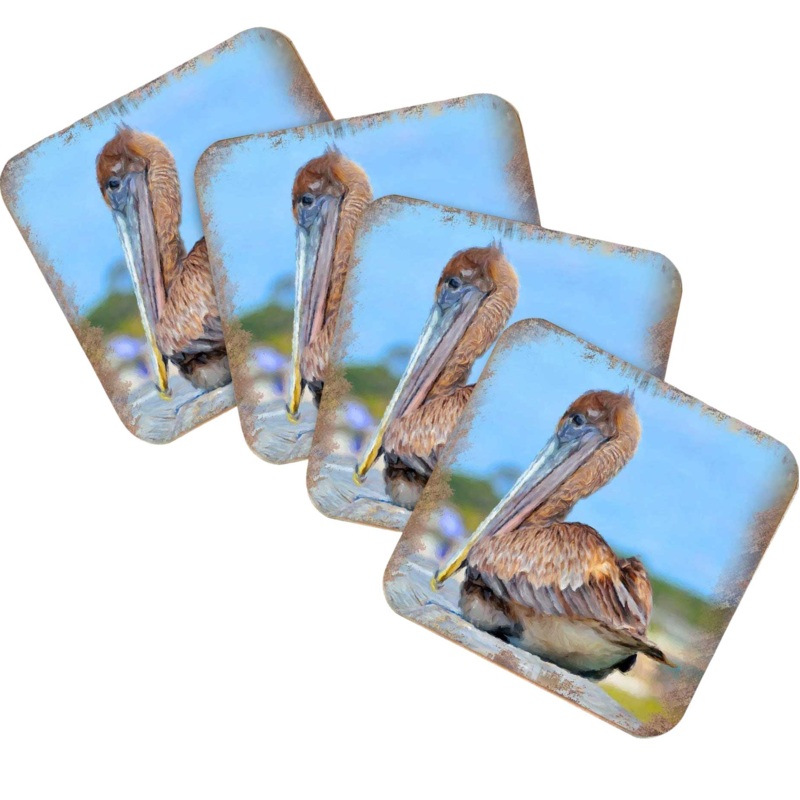 Pelican Coastal Wooden Cork Coasters Gift Set of 4 by Nature Wonders – Coastal Sea-Life Decor – 95325C-S4